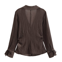 Summer New V-neck Bowknot Decoration Semi-transparent Shirt