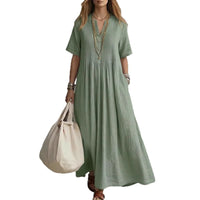 Casual Loose V-Neck Short-Sleeve Pleated Cotton-Linen Dress