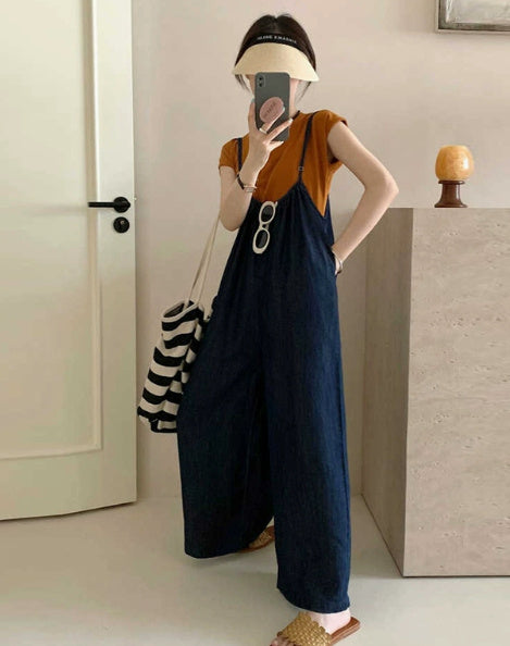 Denim Overalls Suit Loose Large Size Suspenders Jumpsuit Short Sleeve Two Piece Suit