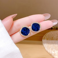 1 Pair Elegant Sparkly Navy Blue Geometric Square Stud Earrings For Women, Perfect For Daily Wear, Banquets & Vacations
