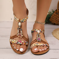Summer New Colorful Woven Beads Round Toe Comfortable Flat Sandals