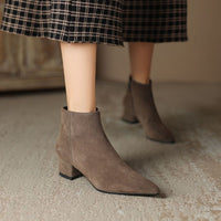 Women's Matte Suede Chunky-Heel Ankle Boots With Pointed Toe And Side Zipper