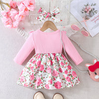 Girls' Striped Printed Bow Dress Suit