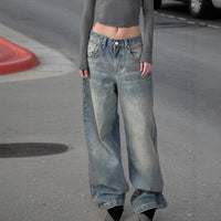 Autumn Winter Retro Distressed Dirty Pants High Waist Straight Loose Wide Leg Jeans