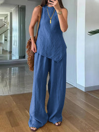 Casual Crew-Neck Pullover Sleeveless Pants With Pockets Cozy Two-Piece Set