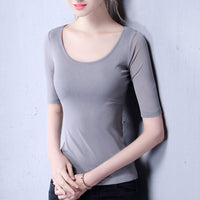 Women's Elegant Scoop Mesh T-shirt Solid Color Waist Stretch Top