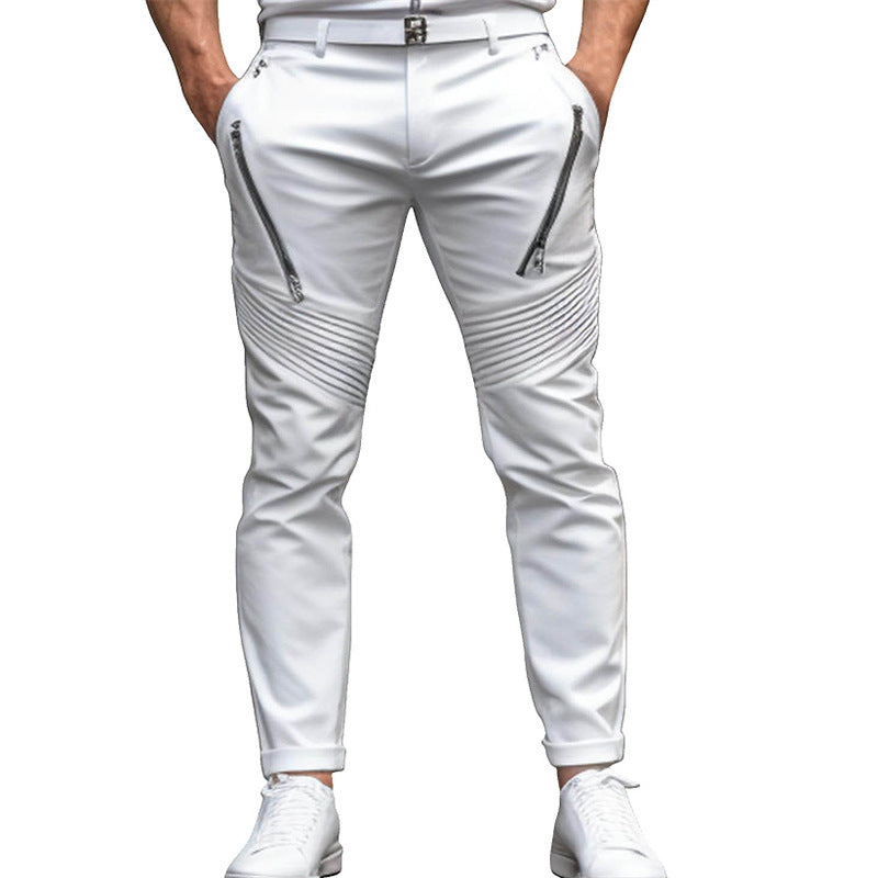 Men's Fashion Street Daily Solid Color Zipper Pleated Slim Fit Stretch Pencil Skinny Pants