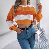 Autumn And Winter Leisure Color Matching Lantern Sleeve Pullover Midriff-baring Sweater