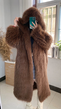 Gray Braided Fox Fur Hooded Loose Over The Knee Fur Coat