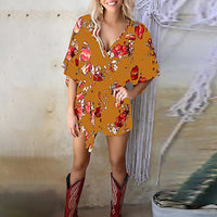Printed Sleeve V-neck Loose Casual Lace-up Jumpsuit