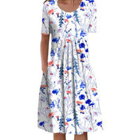 Spring And Summer Women's Elegant Large Swing Round Neck Printed Short Sleeve Dress