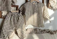 Lace Lapel Plaid Long-sleeved Shirt With Pants