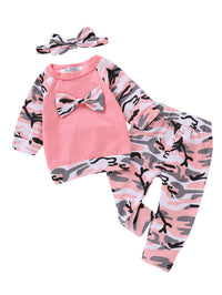 Girls Bow Camouflage Stitching Headwear Suit
