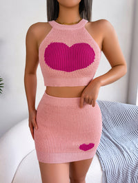 Women  Casual Color Block Heart Cropped Top & Bodycon Skirt Knit Set