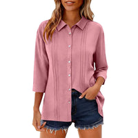 Women's Casual Top Three-Quarter Sleeve Lapel Collar Loose-Fit Button-Up Shirt