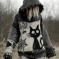 Drop-Shoulder Vintage Womens Printed Loose Hooded Top
