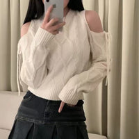 Round Neck Hollow Out Shoulder-baring Lace-up Loose All-match Long-sleeved Sweater Sweater