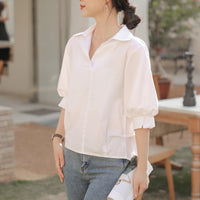 Idle Style Lapel White Shirt Casual V-neck Loose Lantern Sleeve