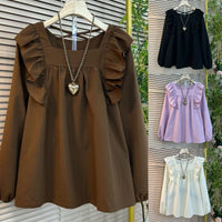 Ruffled Square Collar Beauty Back Sexy Design Women's Shirt