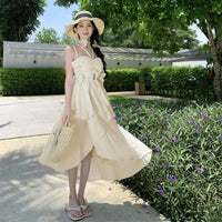 Beach Vacation Blue Soft-style Suspender Dress Womens Summer Niche Design Back-tie Beach Long Dress