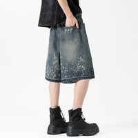 Retro Washed Ripped Splash Ink Five Points Denim Men's Shorts