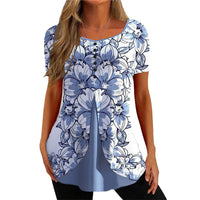 Women's Floral Print Round Neck False Two Pieces Button Short Sleeve T-shirt