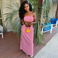 Sexy Bandeau Top And Long Skirt Set With Ruching Detail Plaid Pattern Two-Piece