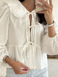 Stylish Work-appropriate White Lace-up Shirt Crafted From Premium Cotton Fabric