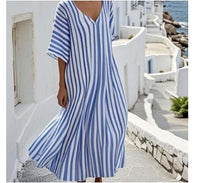Fashionable Womens Striped-Neck Short-Sleeve Loose Plus-Size Dress