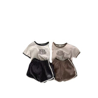Korean Style Double Row English Pattern Solid Color Suit Short Sleeve Shorts Round Neck 2-piece Set