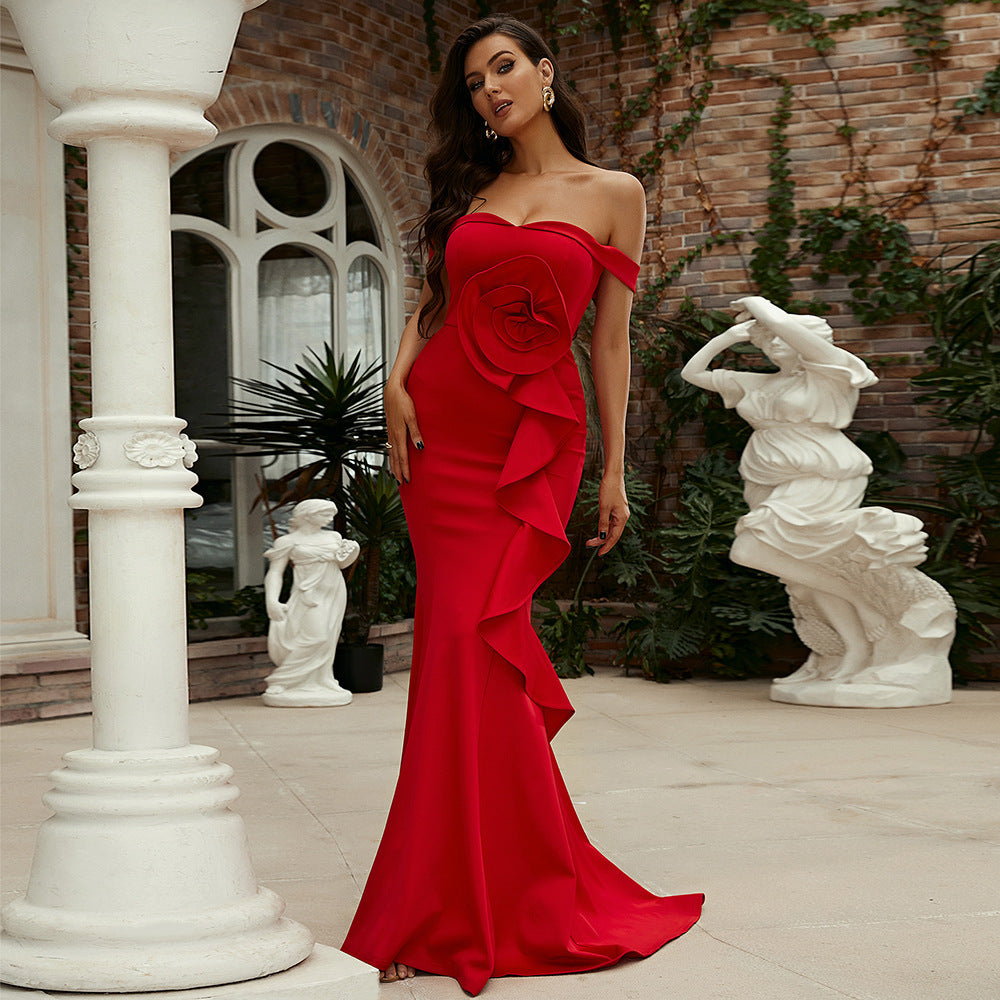 Off-neck Sleeveless Elegant Slim-fit Long Solid Color Banquet Dress