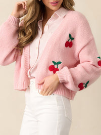 Cherry Embroidery Women's Sweater Cardigan Elegant