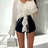 Fashion V-neck Ruffled Chiffon Flared Sleeve Loose Shirt
