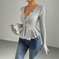 European And American Elegant Style Autumn And Winter New V-neck Ruffled Slim Temperament Top
