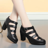 Closed Toe Sandals Summer Chunky Heel Woven Hollowed Ankle-strap Buckle Women's Shoes