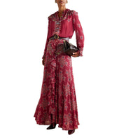 Retro-printed Chiffon Long-sleeve Shirt And Ruffled Maxi Skirt Two-piece Set