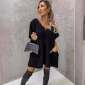 Loose Large Size Pocket Solid Color V-neck Long Sleeve