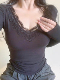 New Womens Demure Lace V-neck Long-sleeve Base Top
