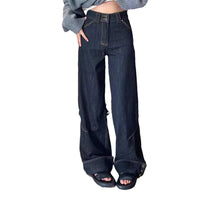 Retro High Street Denim Turn Over Button Straight Loose-fitting Mopping Pants Women