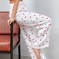 Heart-printed Crepe Cotton Pajama Pants And Short-sleeve Top Set