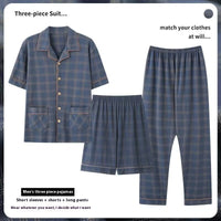 Three-piece Pajamas Men's Summer Pure Cotton Short Sleeve Trousers Suit