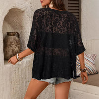 Summer Lace Shirt Loose Fit Round Neck Short Sleeves
