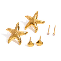 Stainless Steel Three-pair Set Of Zircon Starfish High-grade Shell Earrings