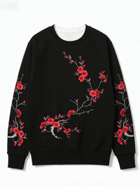 Black-base Red Plum Blossom Branch Print Loose-fitting Crewneck Sweatshirt