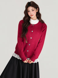 Red Embroidered Button Front Long Sleeve Knitted Cardigan Women's Sweater