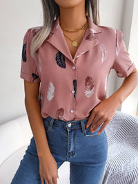 Women   Elegant Notched Lapel Feather Loose Short Sleeve Shirt