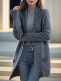 New Polo Collar Solid Color Long-sleeved Knitted Cardigan Loose Pockets Sweater Coat For Women