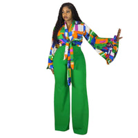 Plus-size Printed Flared-sleeve Top And Wide-leg Pants Two-piece Set