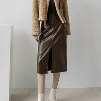 Front Slit Leather Skirt Women's Winter Skirt New