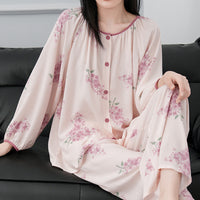Womens Loose-Fit Long-Sleeve Long-Pants Printed Loungewear Set